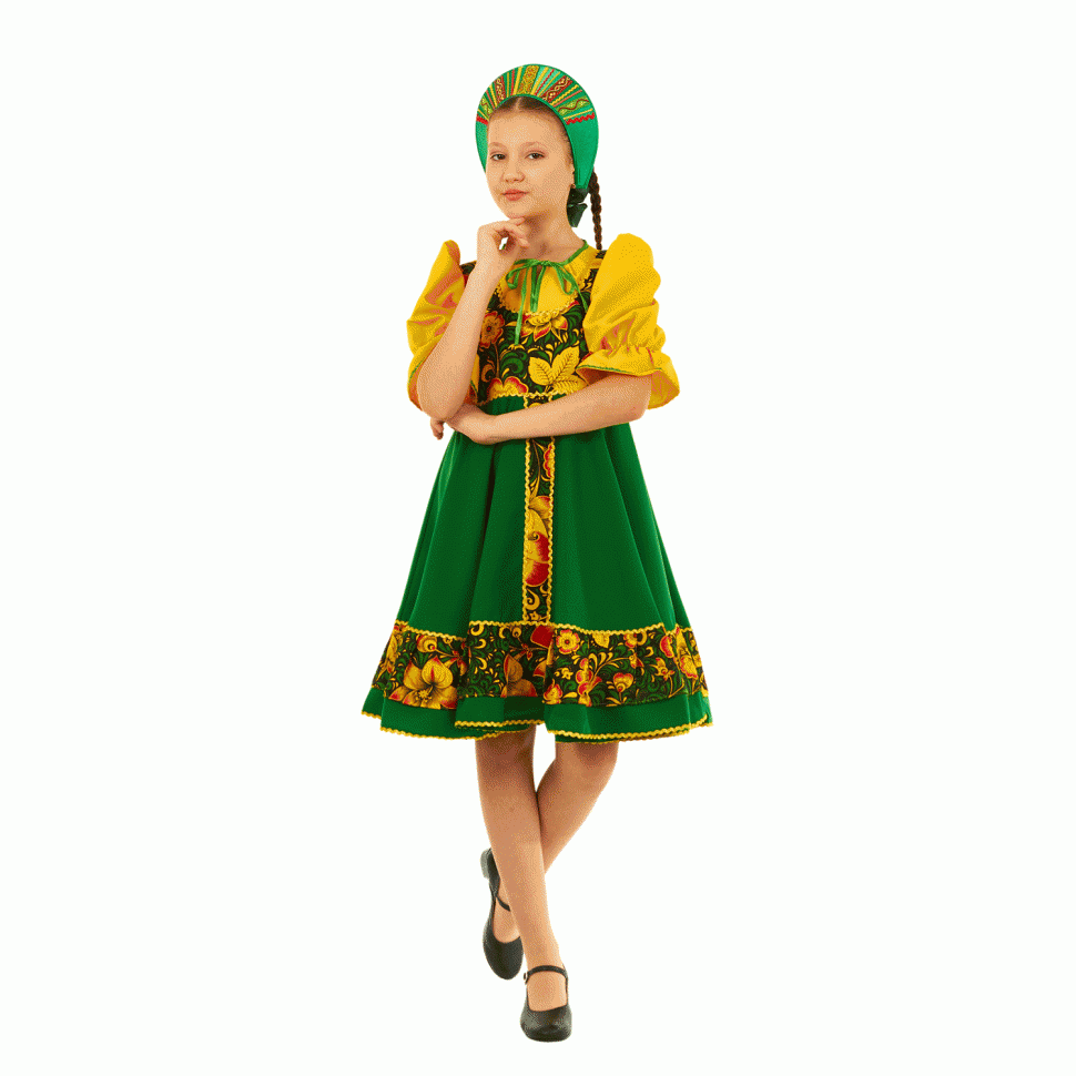Русский народный костюм "Хохлома зеленая" детский зеленый